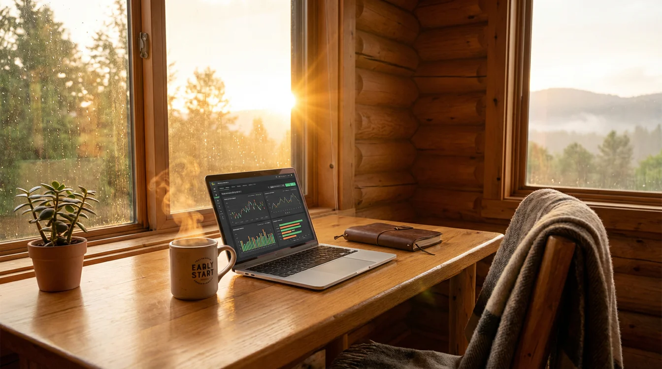 Scena mattutina con alba dalla finestra e scrivania pronta