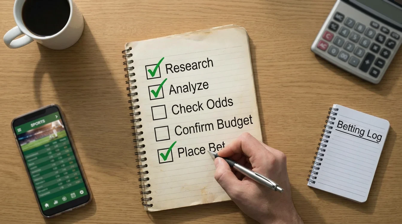 Blocco note con checklist di analisi pre-scommessa completata