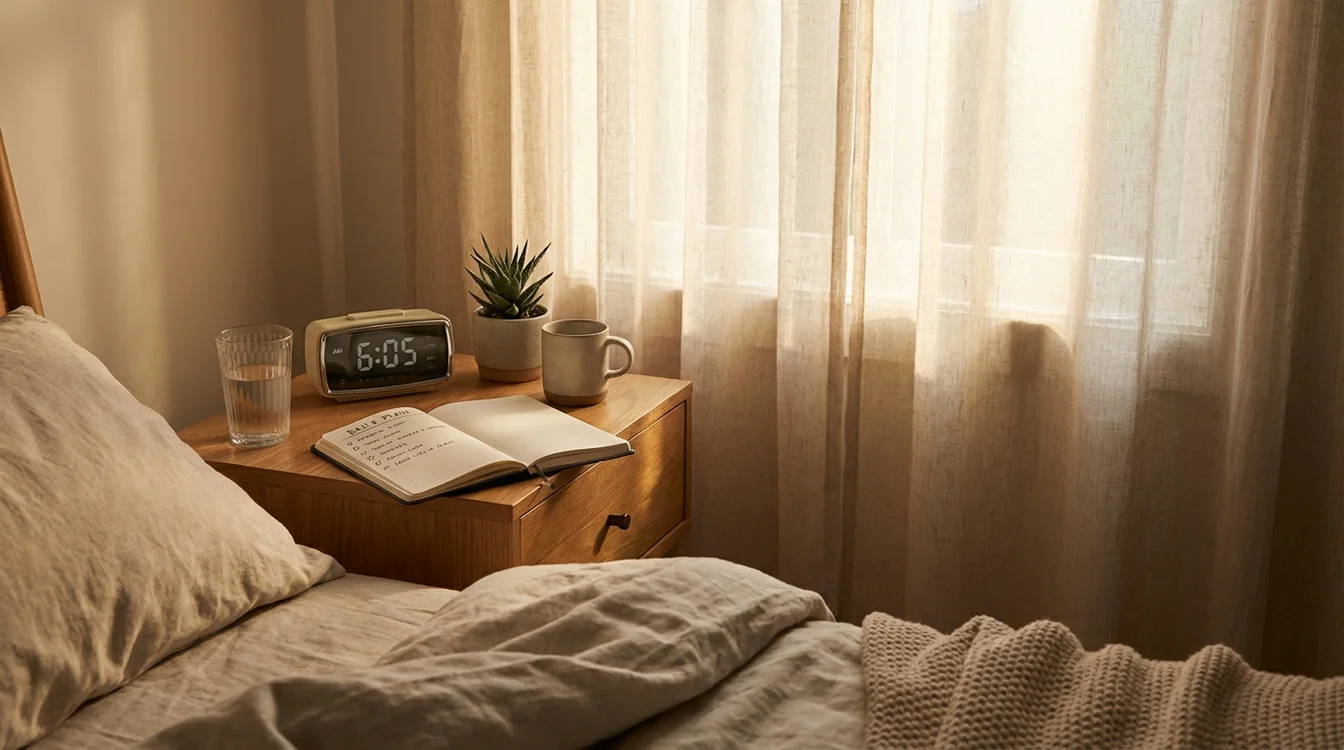 Comodino con sveglia acqua e quaderno per routine disciplinata