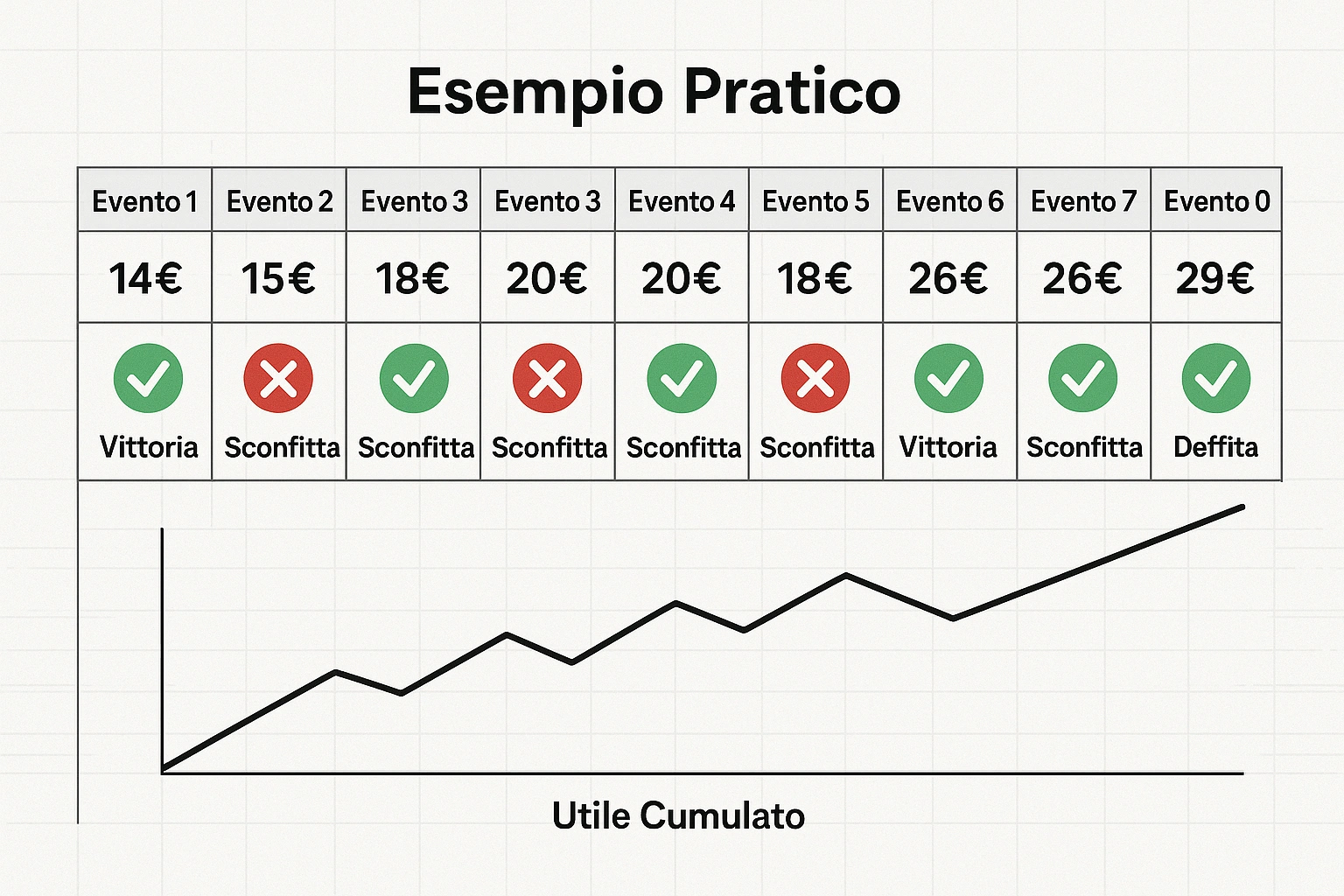 Esempio pratico di progressione Masaniello con 10 eventi e variazione degli stake