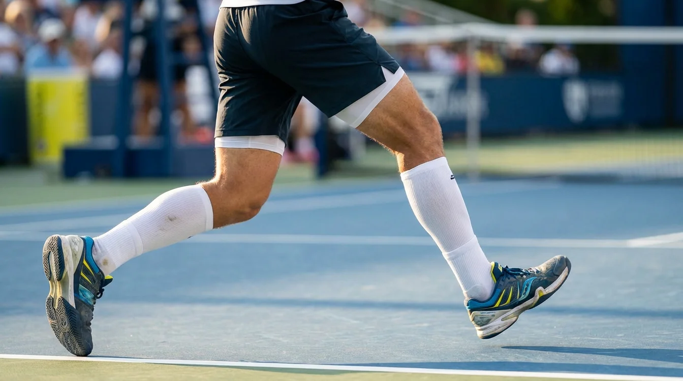 Gambe di tennista in movimento su campo in cemento blu