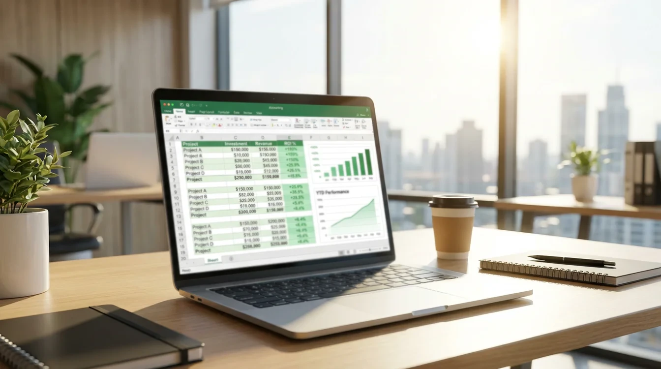 Schermo laptop con foglio calcolo che mostra metriche ROI