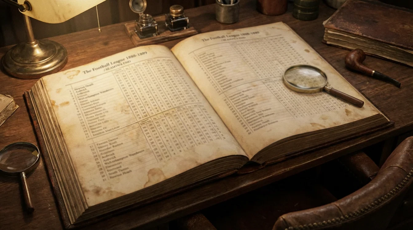 Libro antico aperto con tabelle storiche di campionati di calcio