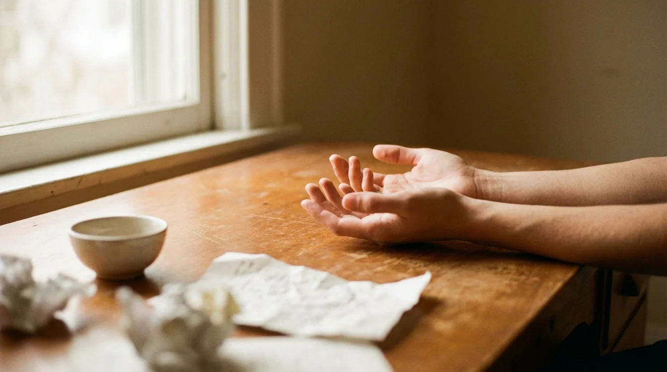 Mani aperte in gesto di accettazione su scrivania di legno