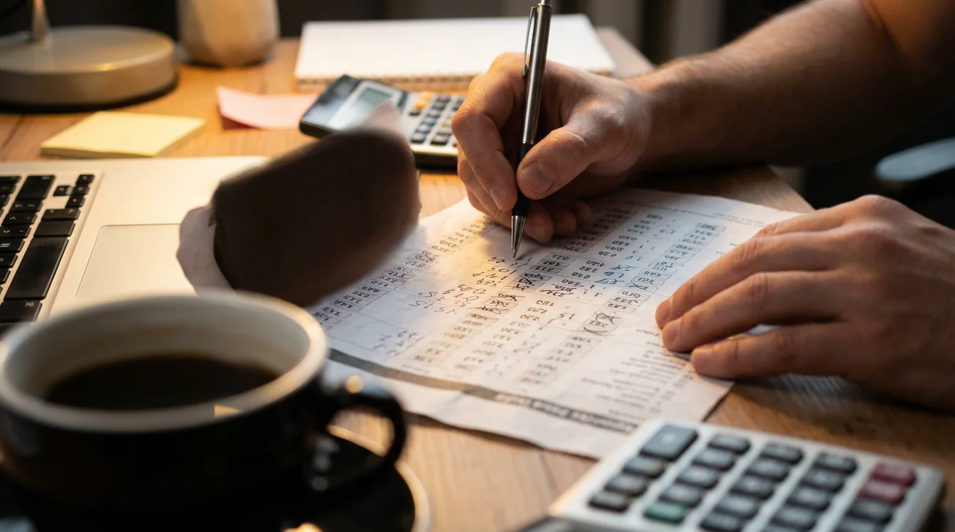 Mani con penna che calcolano margine su foglio con quote