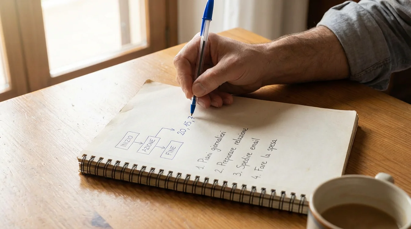 Mano che scrive parametri e numeri su quaderno con schema di pianificazione