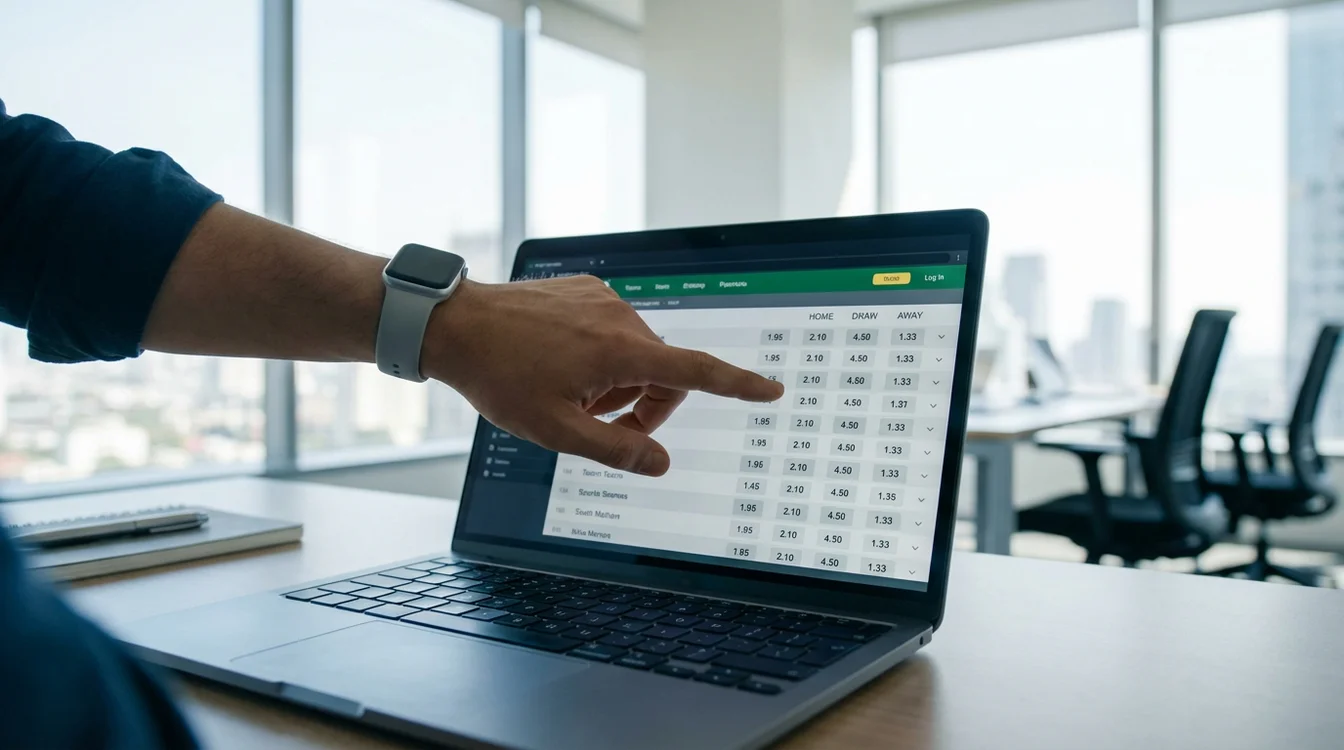 Mano che indica schermo con quote sportive in ambiente di lavoro