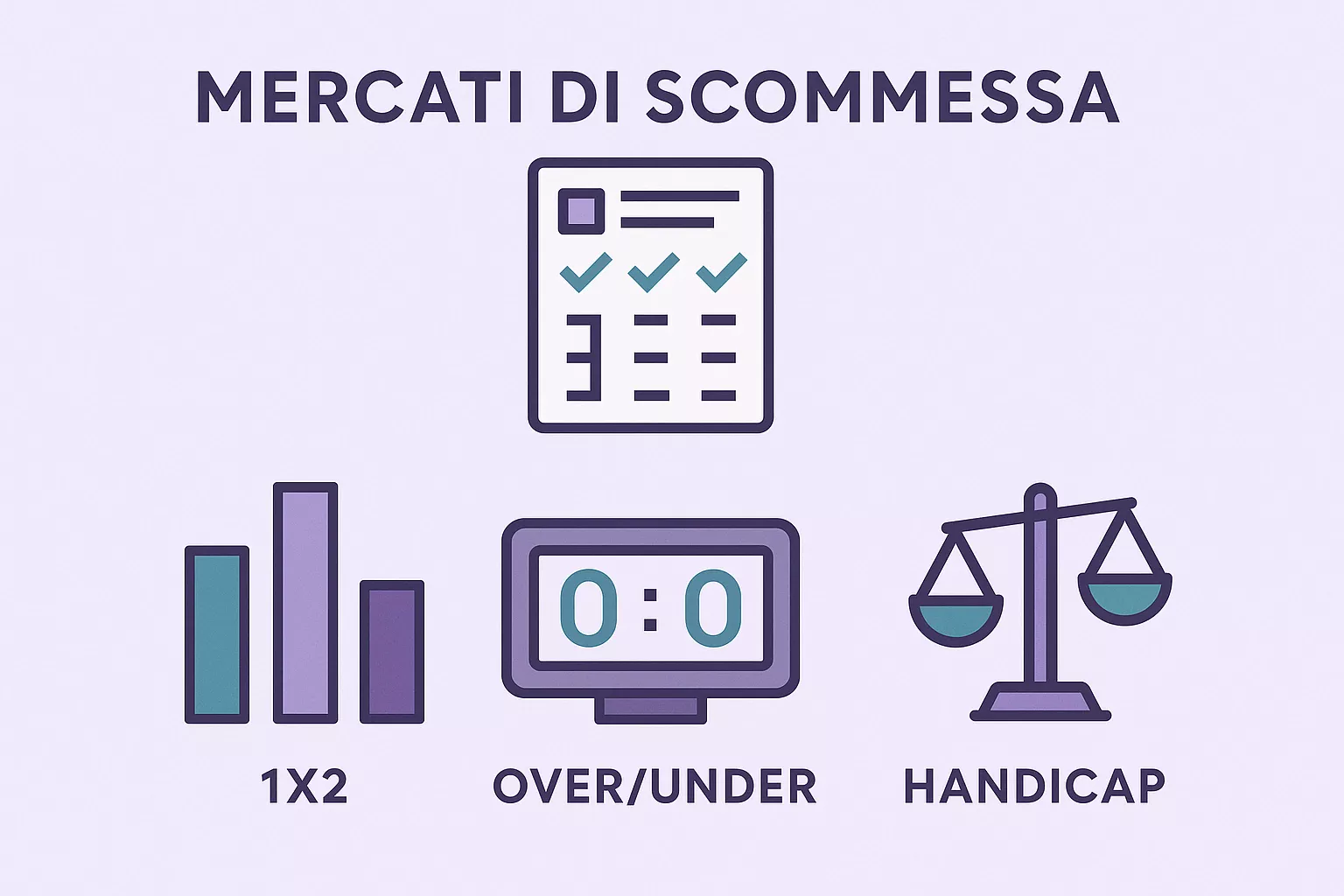 Mercati di scommesse calcio: 1X2, Under Over, Goal NoGoal, Asian Handicap