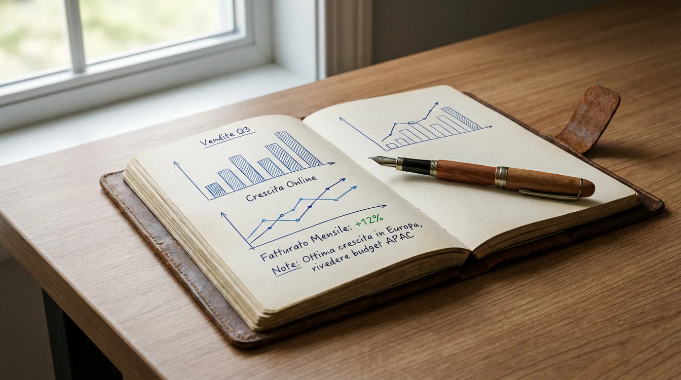 Notebook aperto con grafici disegnati a mano e dati di performance