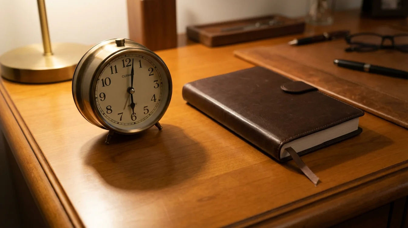Orologio e agenda su scrivania simbolo di disciplina e costanza