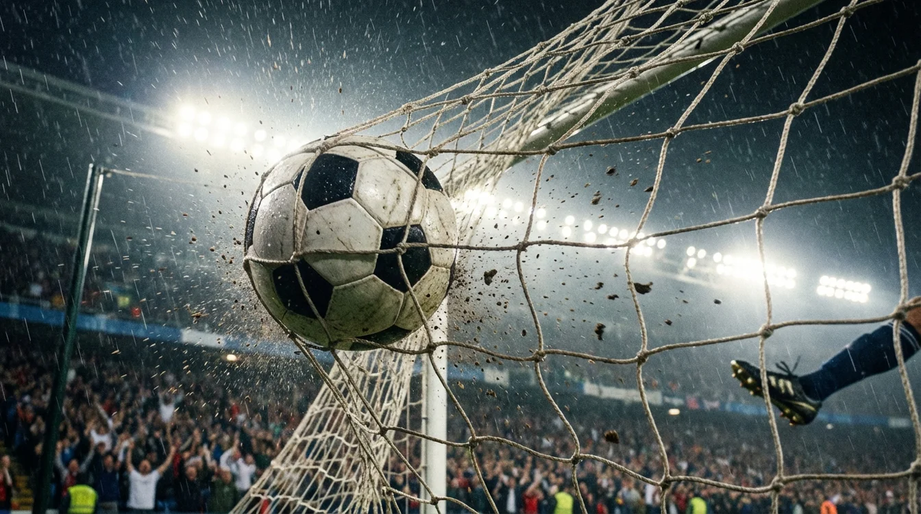 Pallone da calcio che colpisce la rete della porta al momento del gol