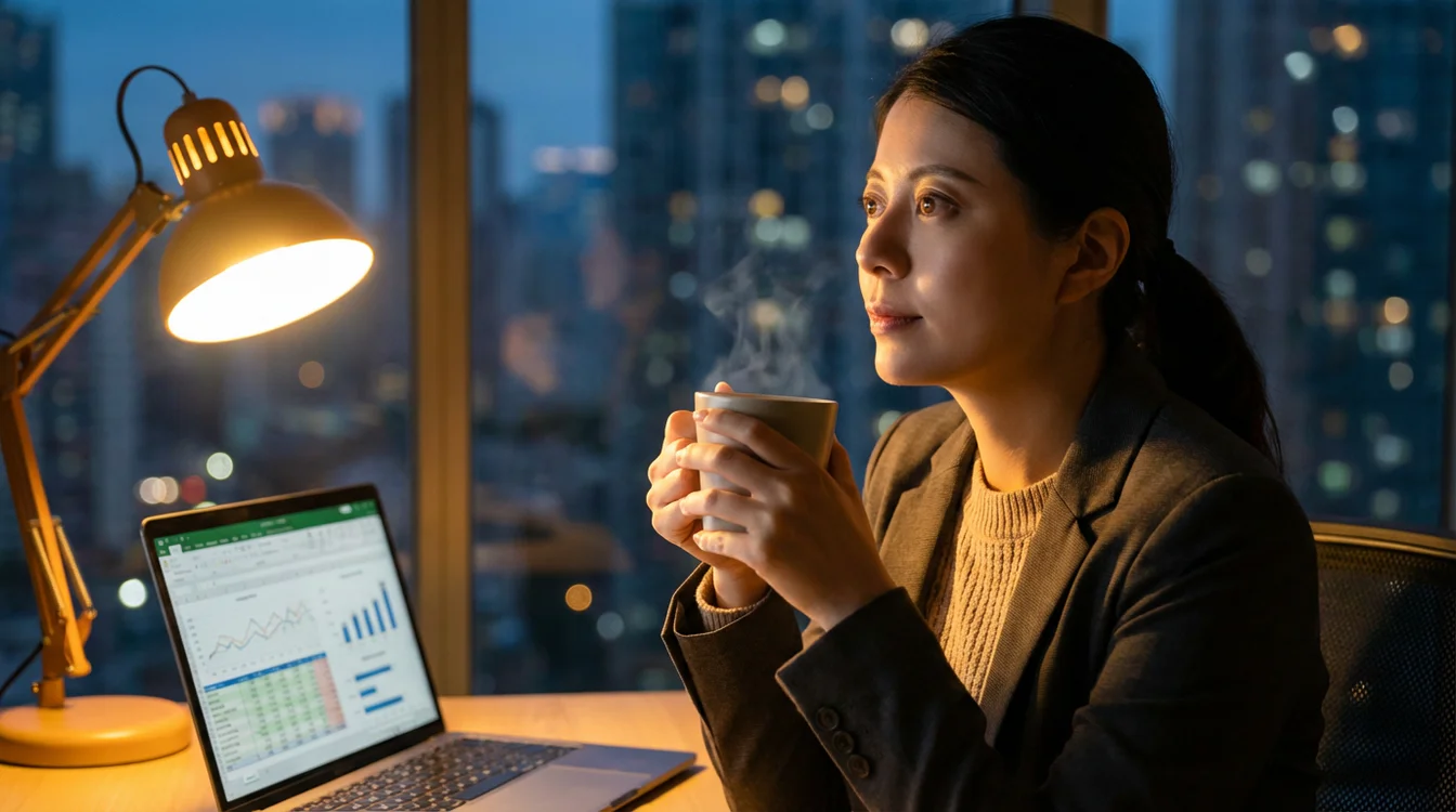 Persona resiliente al lavoro dopo una giornata difficile con tazza di caffè