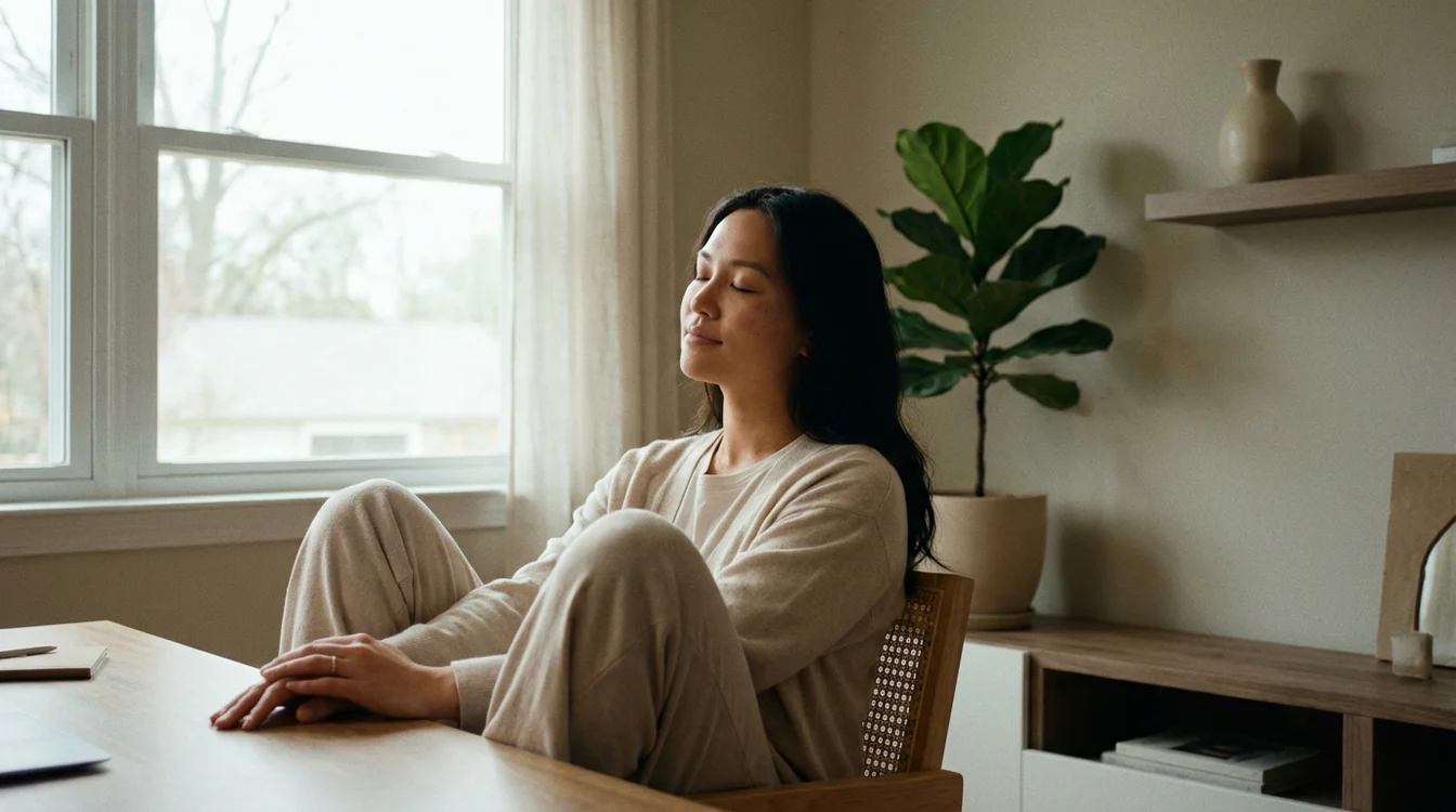 Persona che medita in stanza minimalista con espressione serena