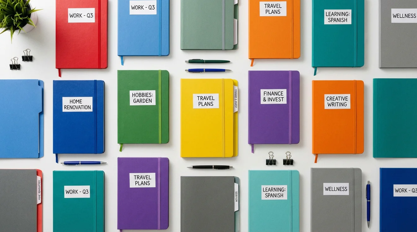 Vista dall'alto di quaderni colorati organizzati che rappresentano diversificazione