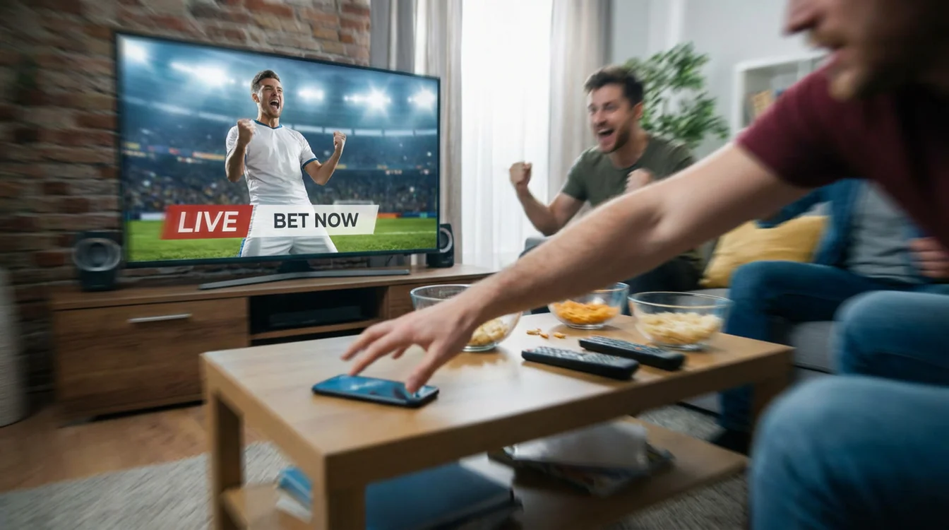 Persona che reagisce velocemente prendendo smartphone con partita in TV