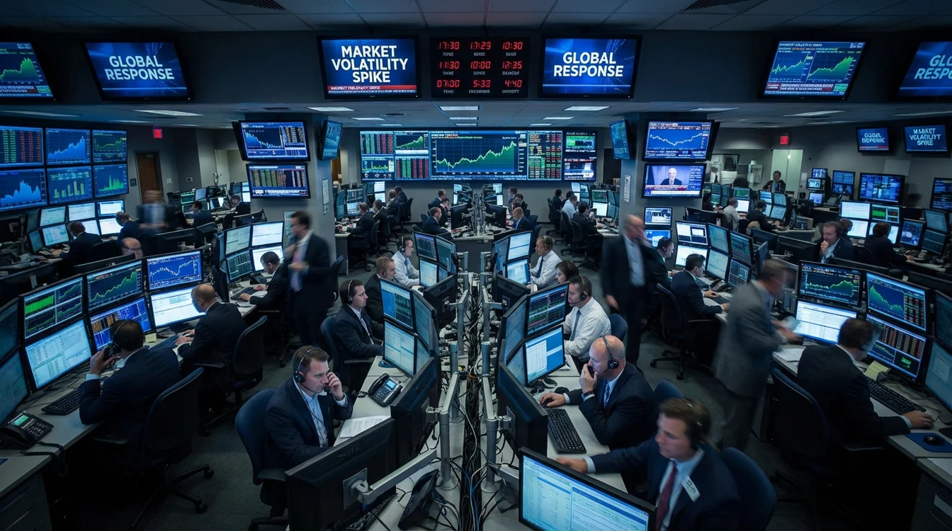 Sala operativa con schermi multipli che mostrano reazione del mercato