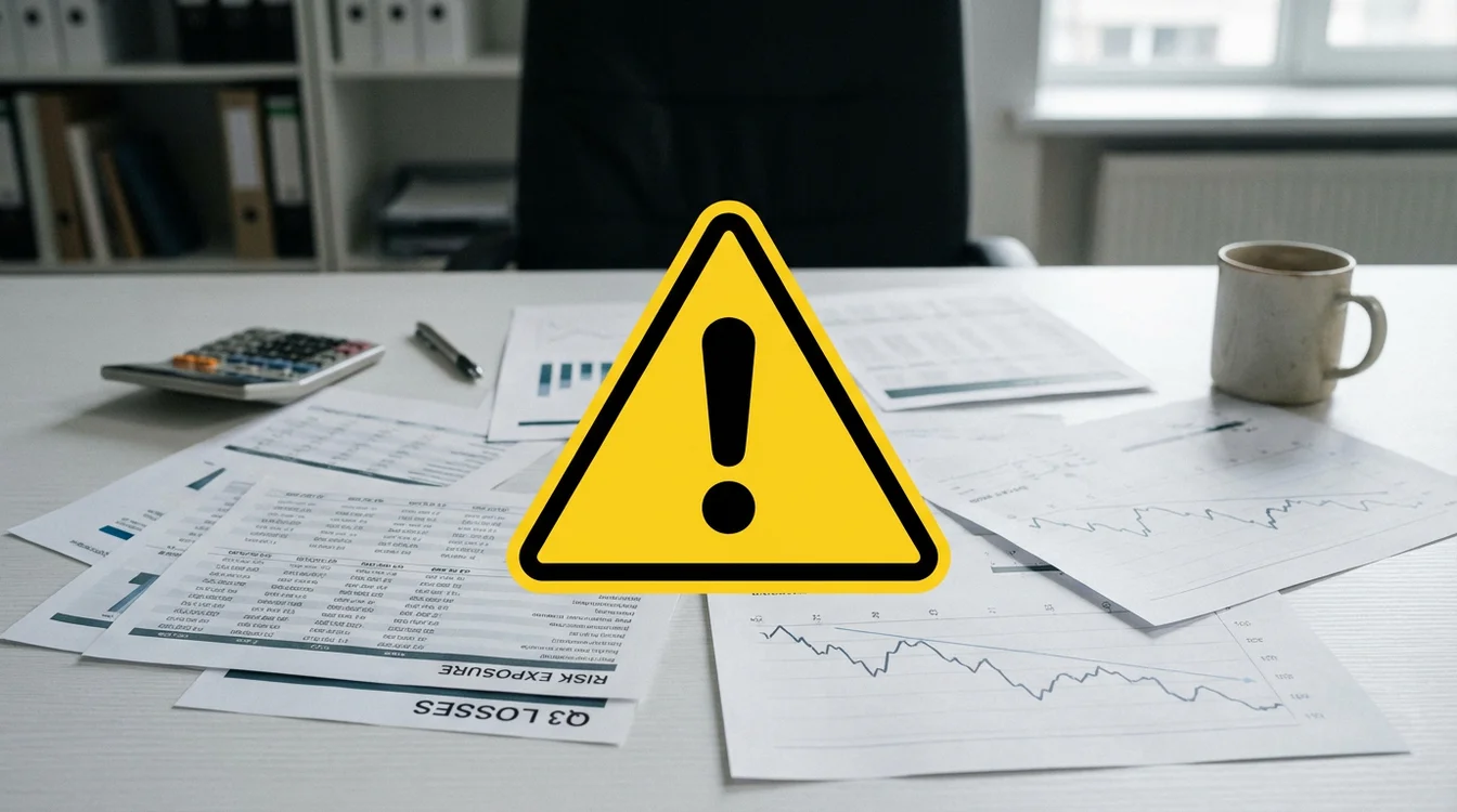 Segnale di avvertimento giallo su scrivania con documenti finanziari