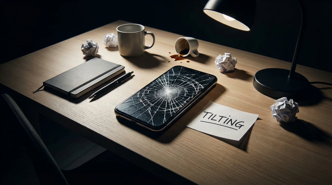 Smartphone con schermo rotto su scrivania simbolo di tilt emotivo