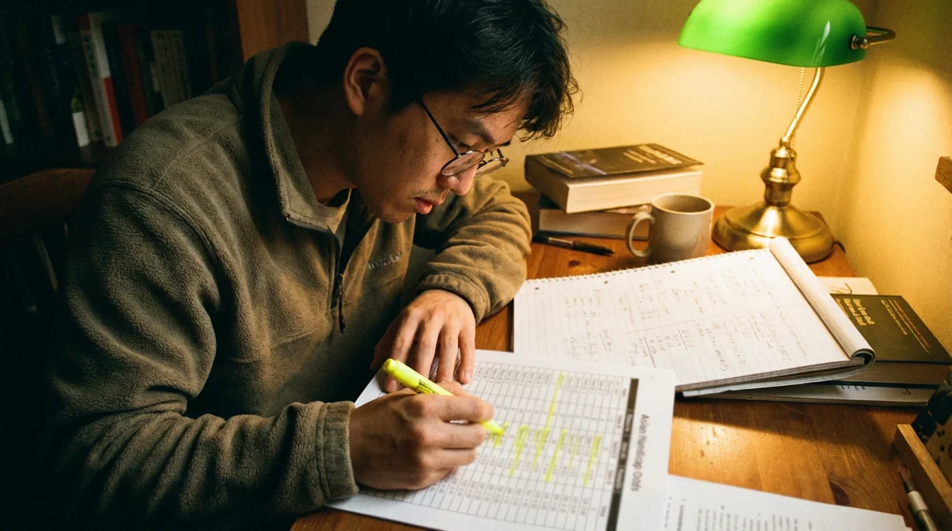 Persona che studia tabella di quote Asian Handicap con evidenziatore