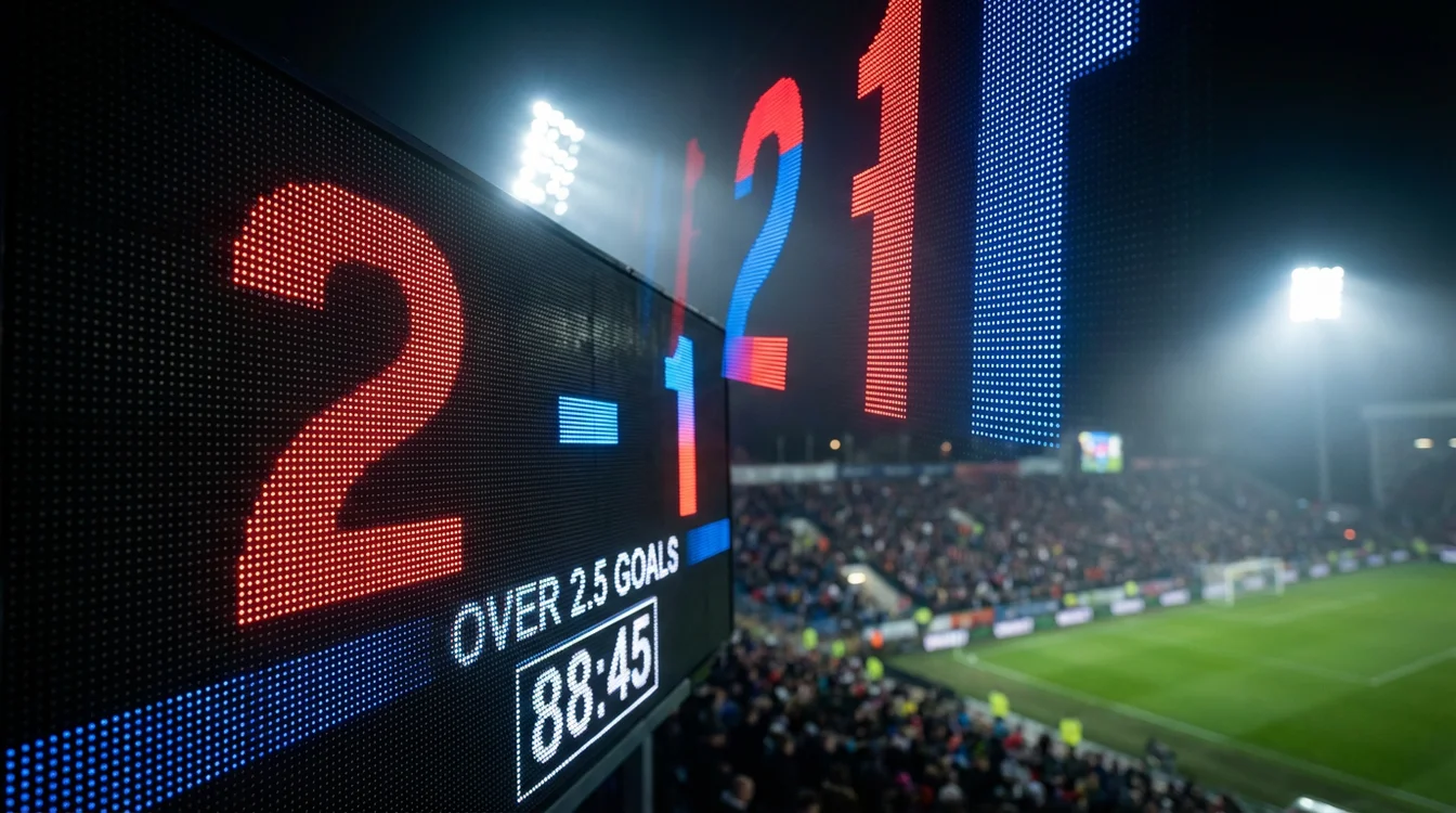 Tabellone digitale che mostra punteggio in atmosfera notturna di stadio