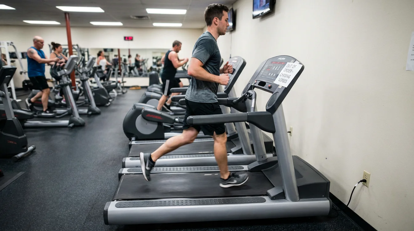 Persona che corre su tapis roulant fermo metafora di inseguire perdite