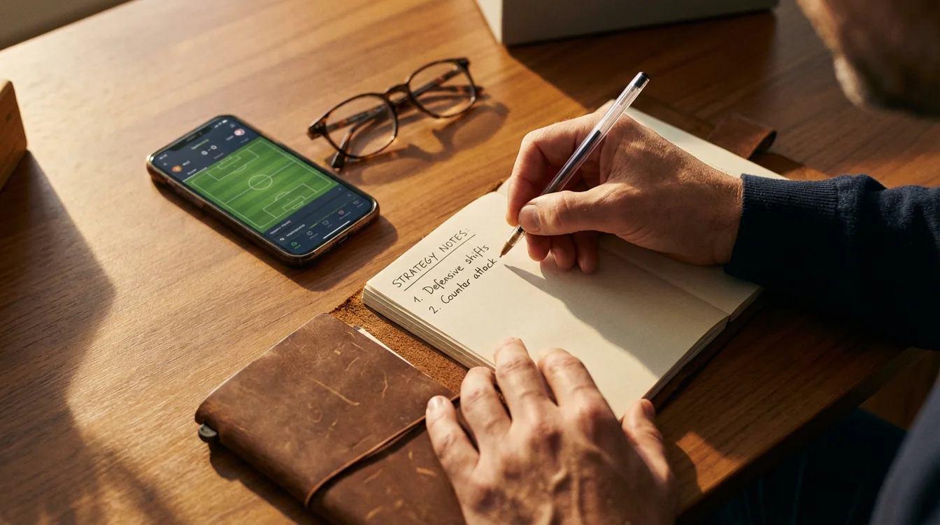 Uomo concentrato prende appunti su strategia di scommesse con notebook